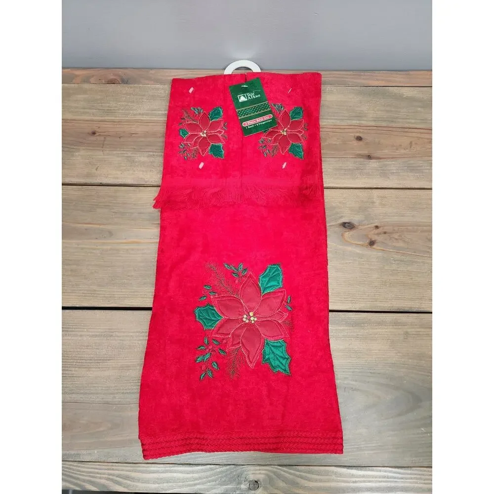 VTG Red Holiday Poinsettia Decorative Bathroom Set Bath Towel & Two Hand Towels